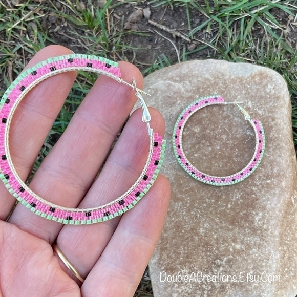 Pink Watermelon 2” Beaded Hoops, New, Handmade by Me - Picture 9 of 10